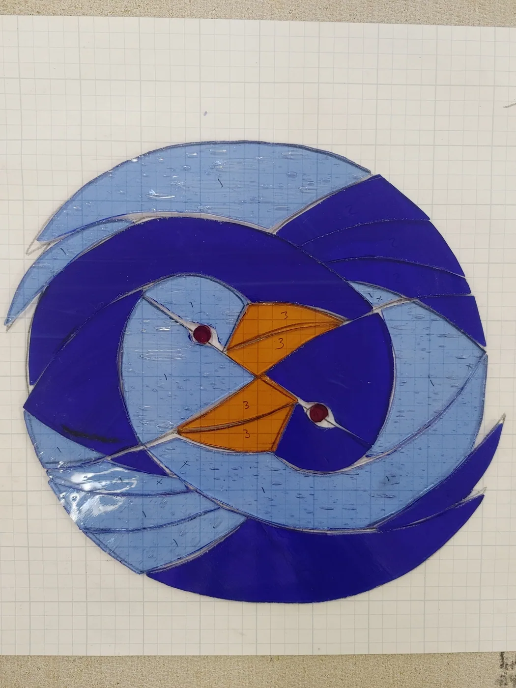 Early blue and orange koi stained-glass study