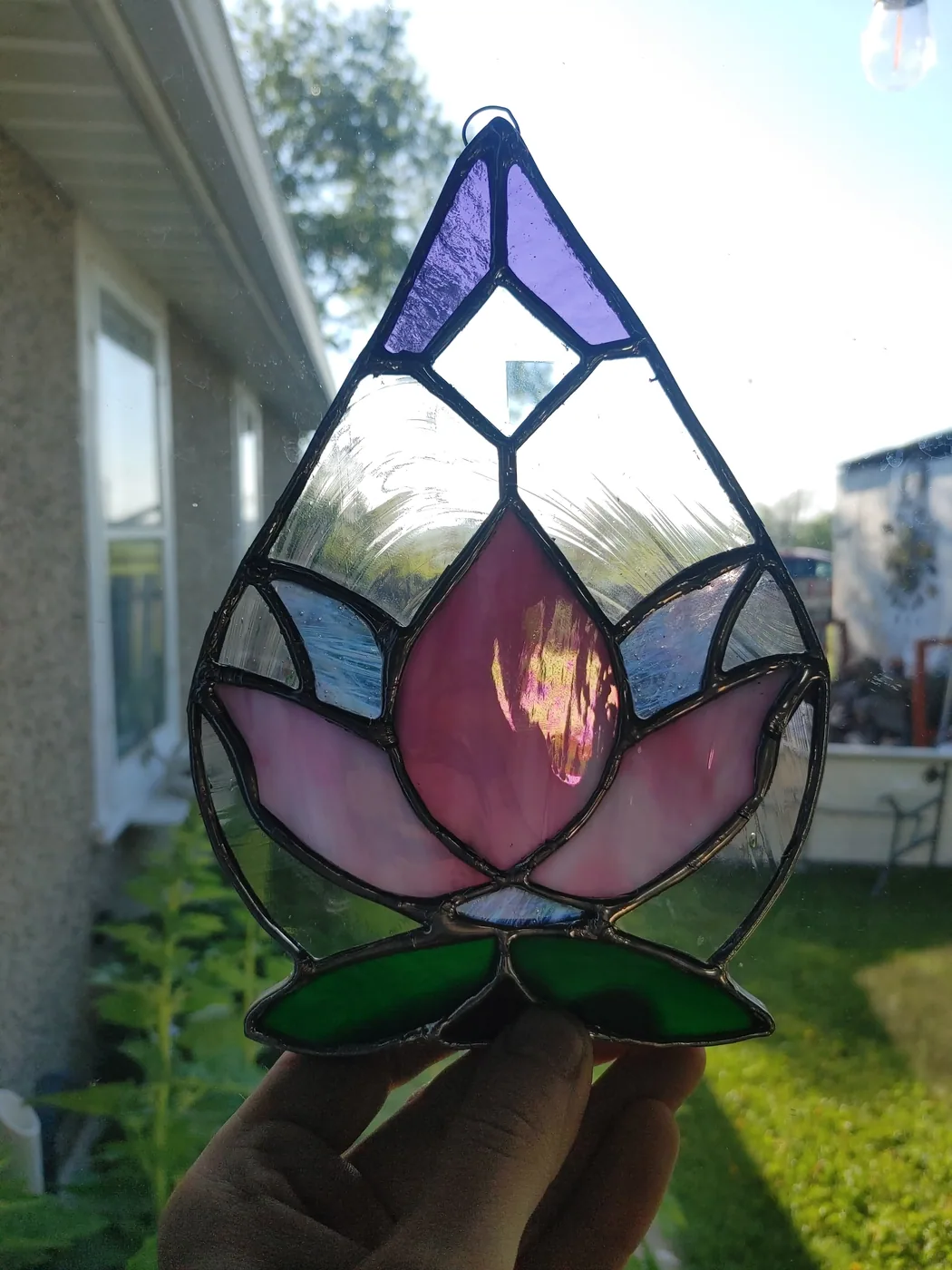 Small pink and lavender lotus stained-glass hanging