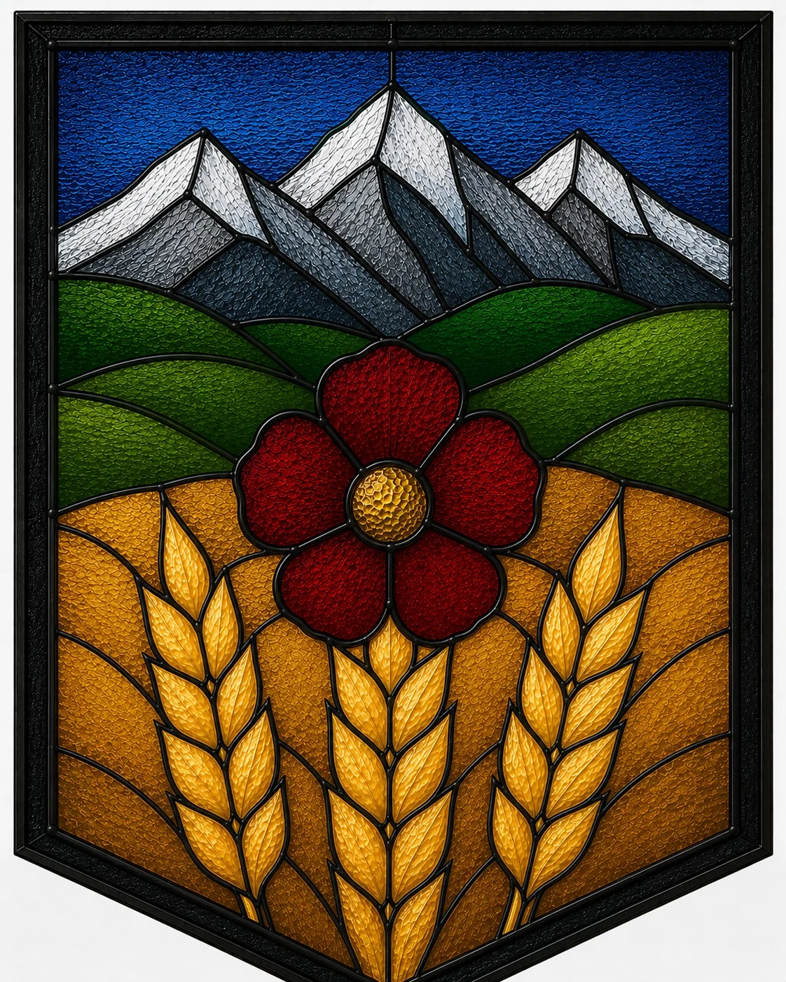 Stained-glass prairie scene with mountains, green hills, a red flower, and golden wheat